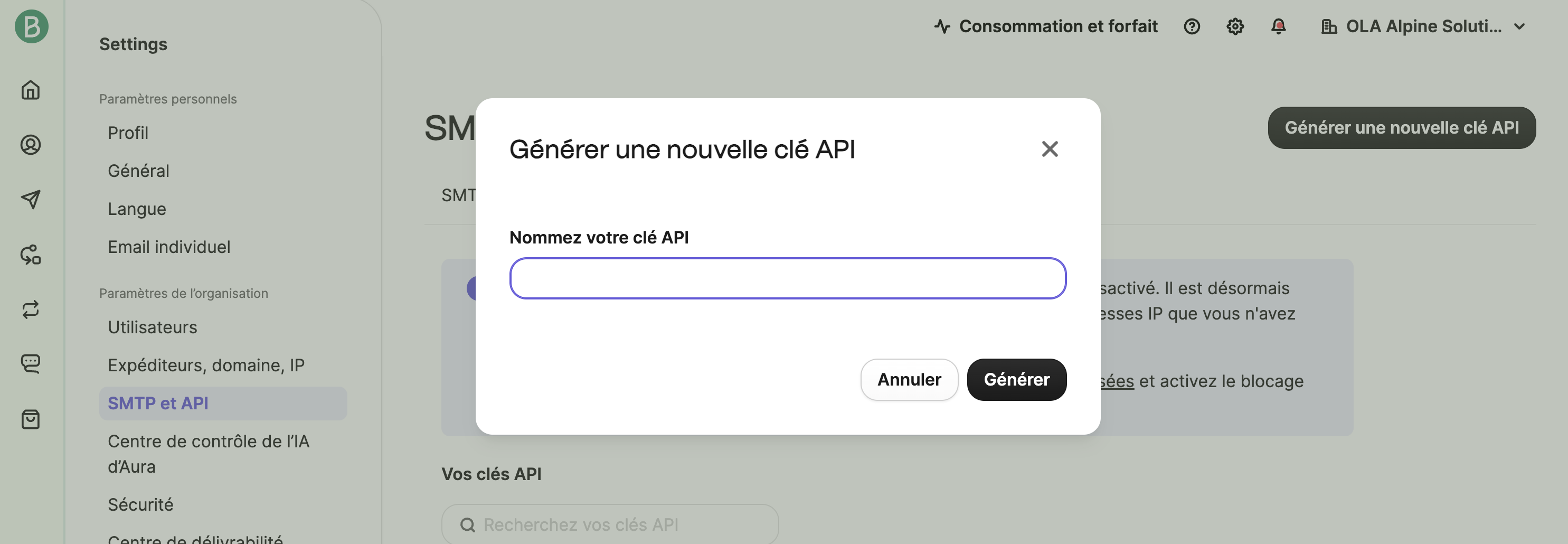 Récupérer la clé API dans les paramètres Brevo