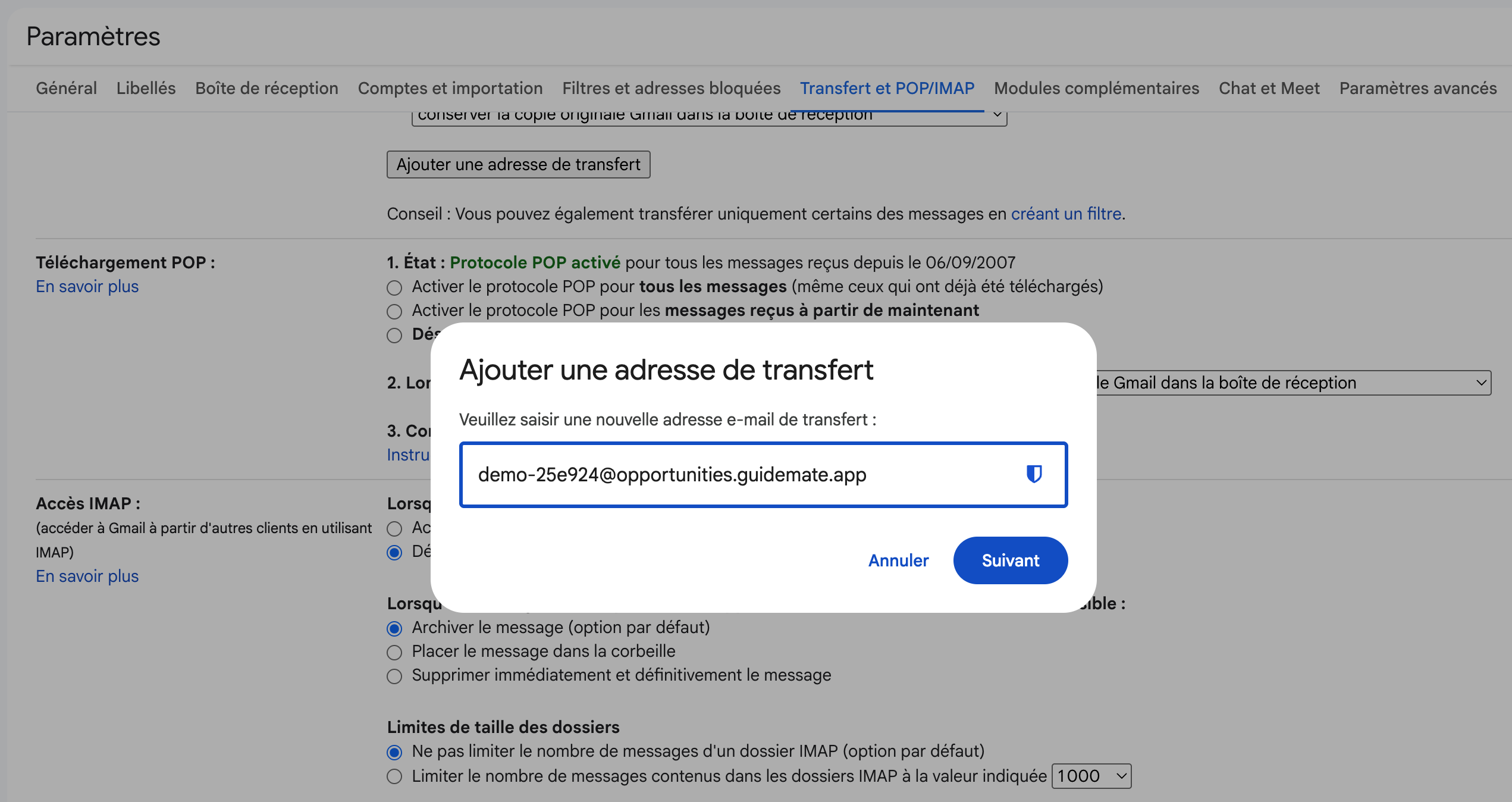 Ajouter l'adresse de transfert GuideMate dans Gmail